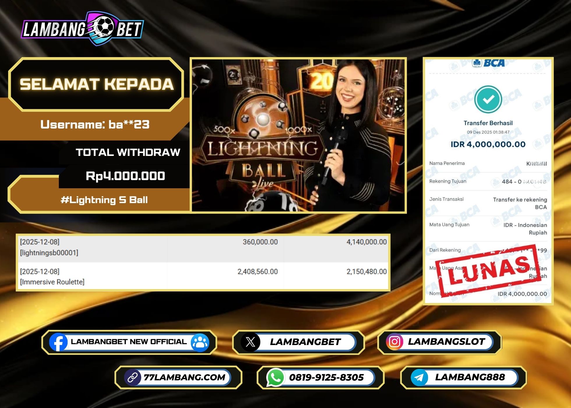 LAMBANGBET [9 DESEMBER 2025] JACKPOT LIVE CASINO Lightning S Ball "Rp4.000.000" LUNAS